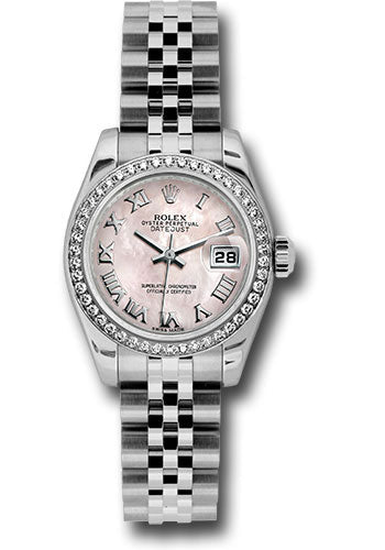 Rolex Steel and White Gold Lady Datejust 26 Watch - 46 Diamond Bezel - Pink Mother-Of-Pearl Roman Dial - Jubilee Bracelet - 179384 pmrj