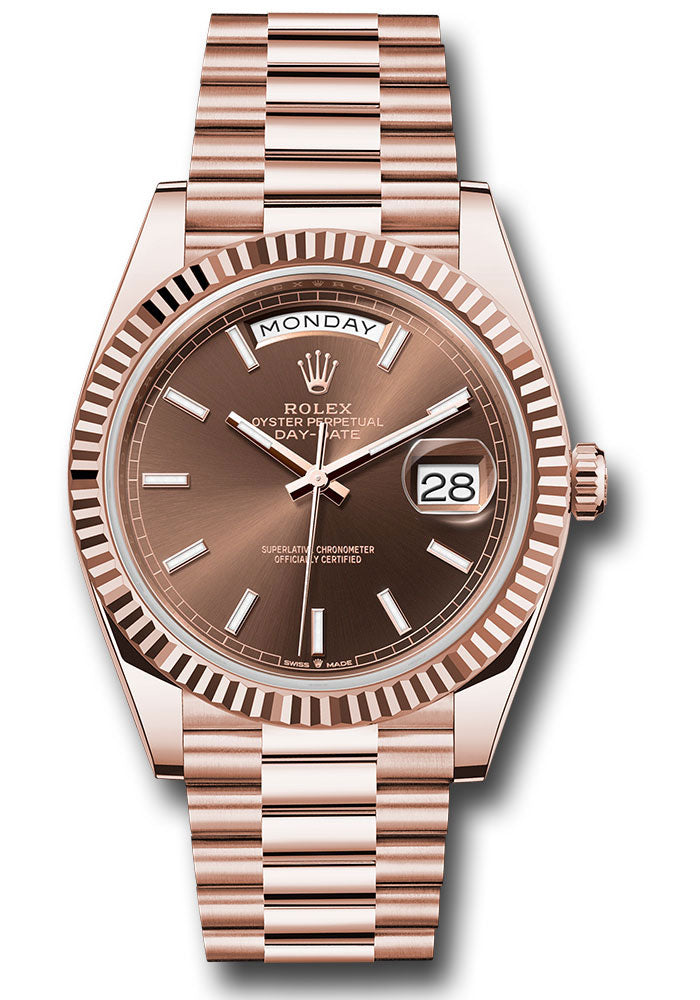 Rolex Everose Gold Day-Date 40 Watch - Fluted Bezel - Chocolate Index Dial - President Bracelet - 228235 choip