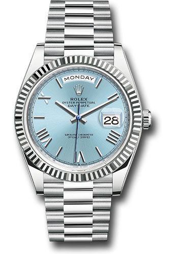 Rolex Platinum Day-Date 40 Watch - Fluted Bezel - Ice Blue Roman Dial - President Bracelet - 228236 ibrp