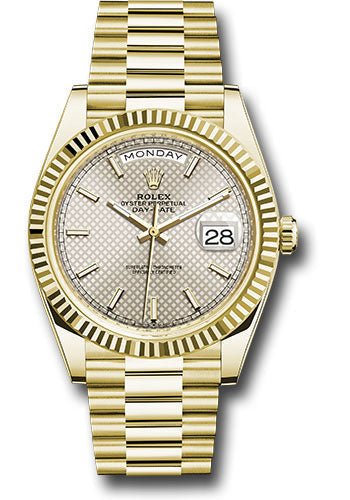 Rolex Yellow Gold Day-Date 40 Watch - Fluted Bezel - Silver Diagonal Motif Index Dial - President Bracelet - 228238 sdmip