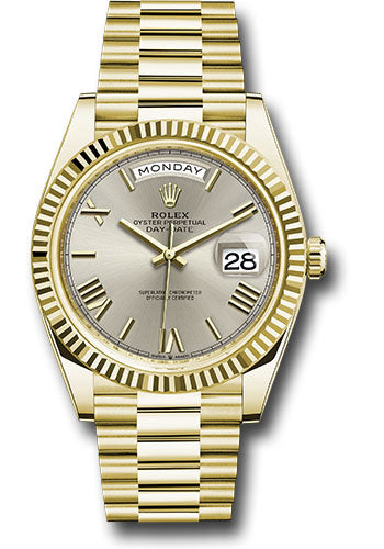 Rolex Yellow Gold Day-Date 40 Watch - Fluted Bezel - Silver Bevelled Roman Dial - President Bracelet - 228238 srp