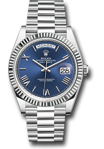 Rolex White Gold President Day Date 40 Watch Bright Blue Roman