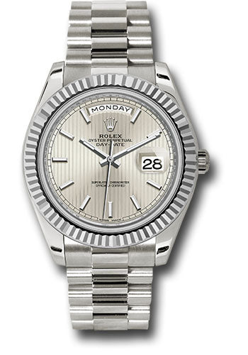 Rolex White Gold Day-Date 40 Watch - Fluted Bezel - Silver Stripe Motif Index Dial - President Bracelet - 228239 ssmip