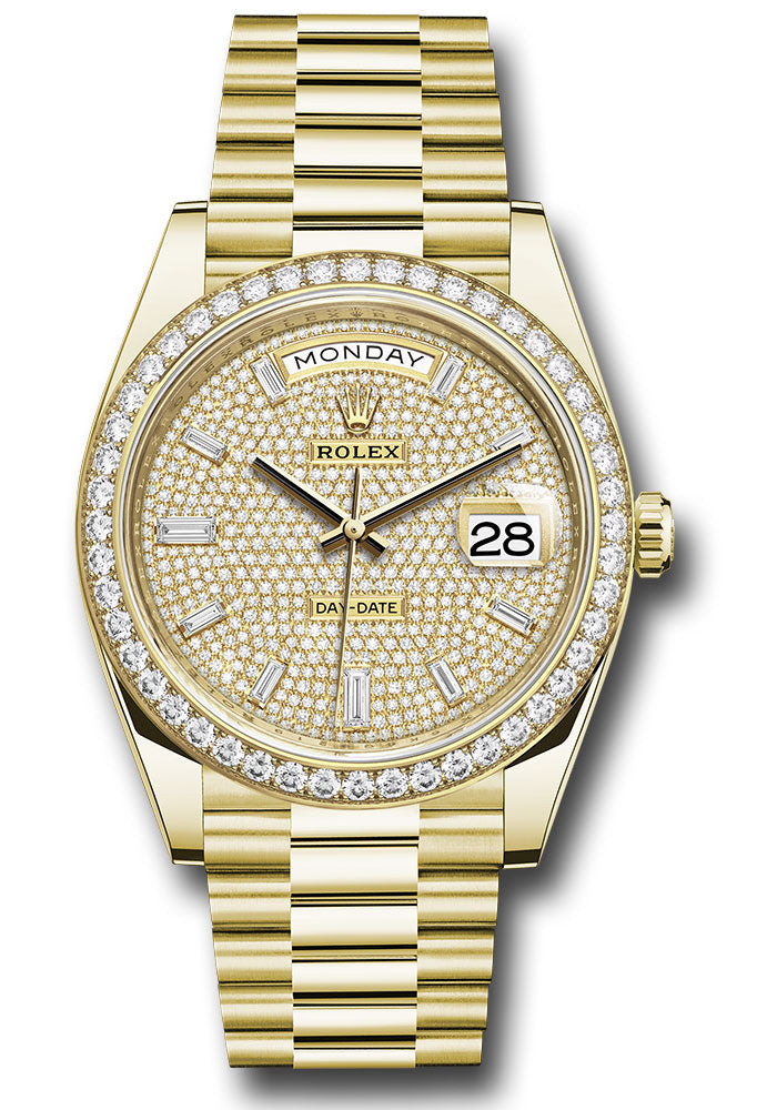 Rolex Yellow Gold Day-Date 40 Watch - Diamond Bezel - Diamond-Paved Dial - President Bracelet - 228348rbr dpbdp