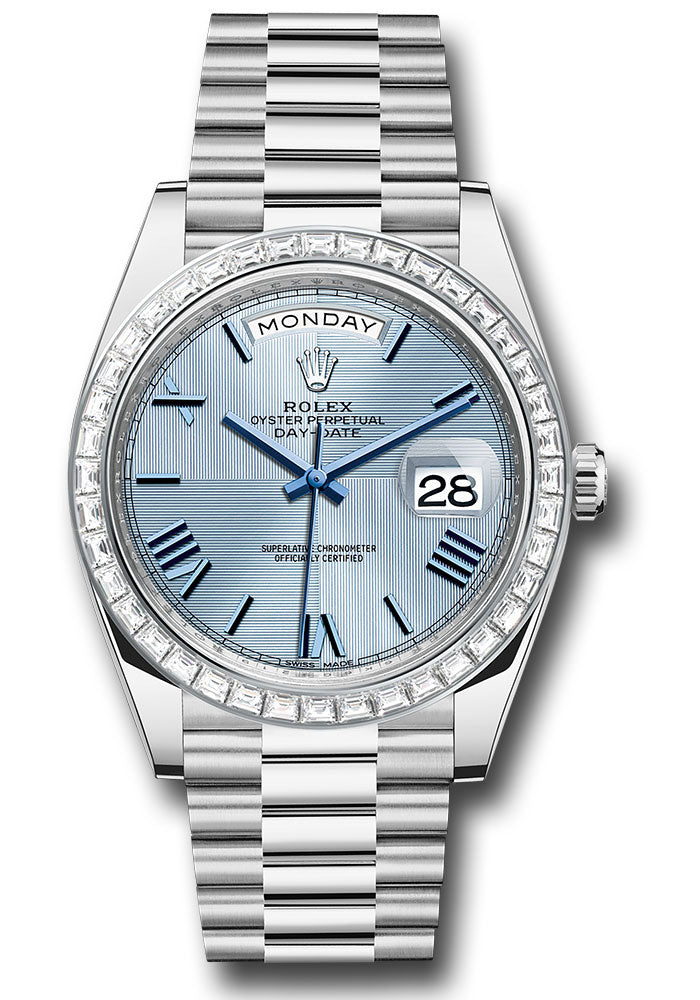 Rolex 950 Platinum Day-Date 40 Watch - Baguette Diamond Bezel - Ice Blue Quadrant Motif Bevelled Roman Dial - President Bracelet - 228396TBR ibqmrp