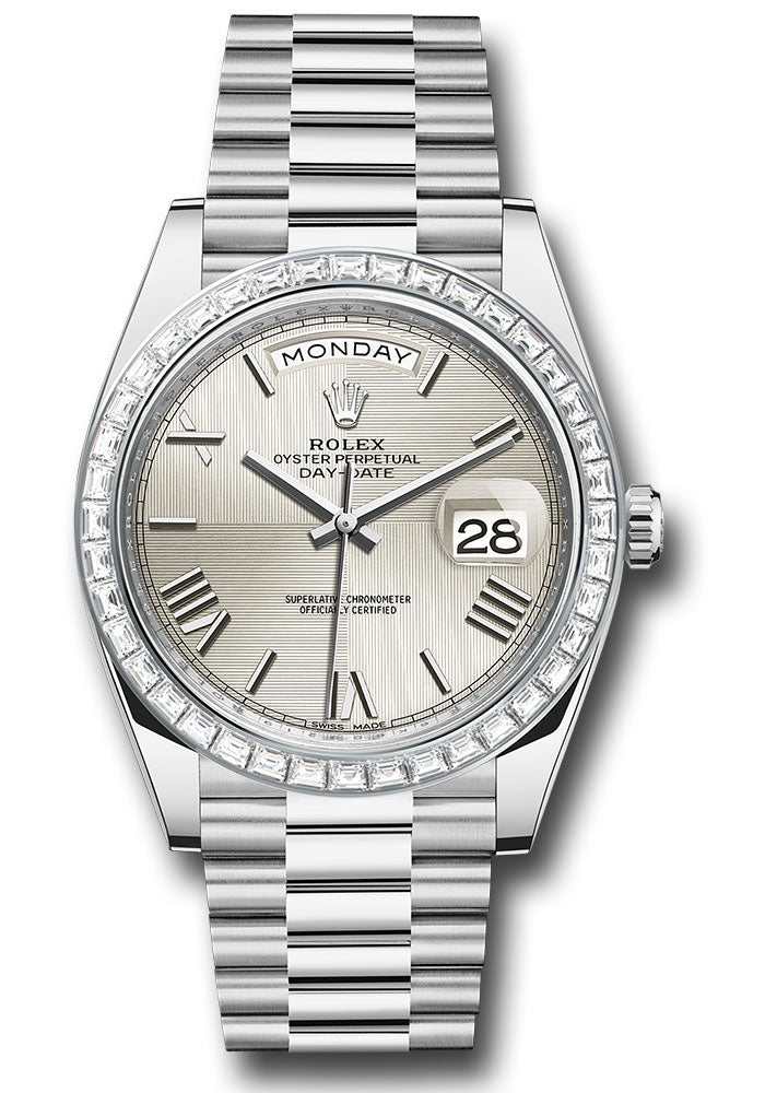 Rolex 950 Platinum Day-Date 40 Watch - Baguette Diamond Bezel - Silver Quadrant Motif Bevelled Roman Dial - President Bracelet - 228396TBR sqmrp