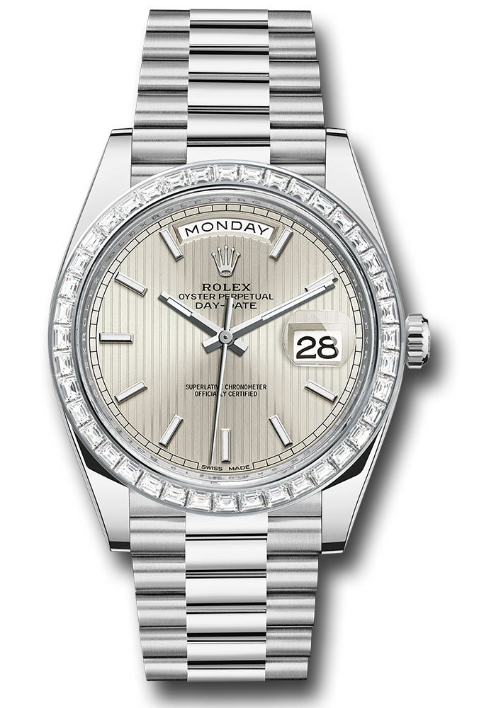 Rolex 950 Platinum Day-Date 40 Watch - Baguette Diamond Bezel - Silver Strip Motif Index Dial - President Bracelet - 228396TBR ssmip