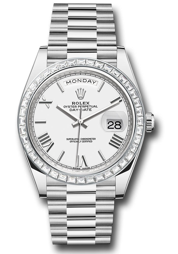 Rolex 950 Platinum Day-Date 40 Watch - Baguette Diamond Bezel - White Bevelled Roman Dial - President Bracelet - 228396TBR wrp