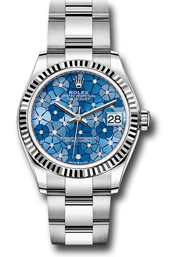 Rolex White Rolesor Datejust 31 Watch - Fluted Bezel - Azzurro Blue Floral Motif Diamond Dial - Oyster Bracelet - 278274 azflomdo