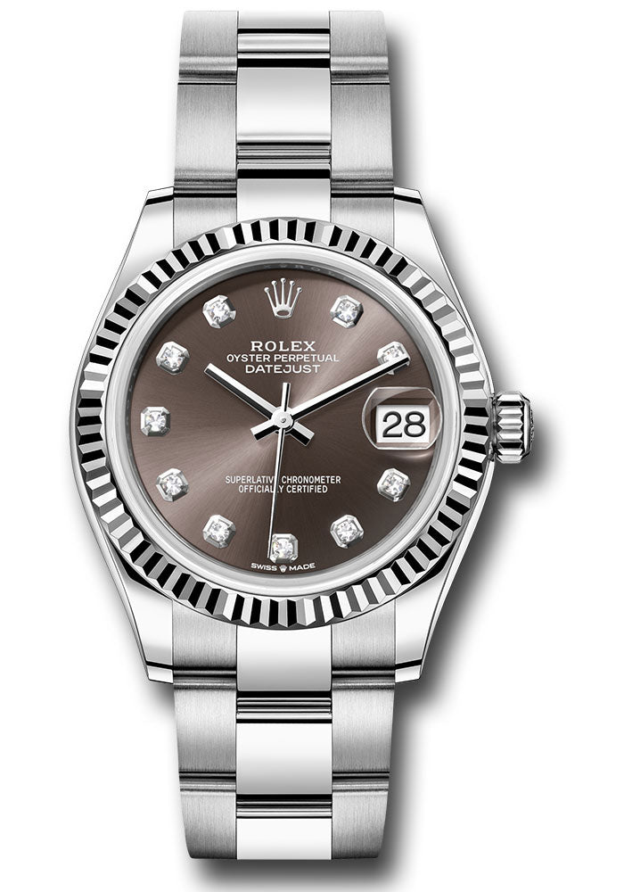 Rolex Steel and White Gold Datejust 31 Watch - Fluted Bezel - Dark Grey Diamond Dial - Oyster Bracelet - 278274 dkgdo