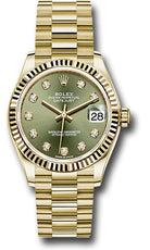 Rolex Yellow Gold Datejust 31 Watch - Fluted Bezel - Olive Green Diamond Dial - President Bracelet - 278278 ogdp