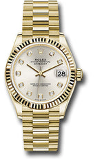 Rolex Yellow Gold Datejust 31 Watch - Fluted Bezel - Silver Diamond Dial - President Bracelet - 278278 sdp