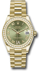 Rolex Yellow Gold Datejust 31 Watch - Diamond Bezel - Olive Green Diamond Six Dial - President Bracelet - 278288RBR ogdr6p