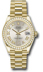 Rolex Yellow Gold Datejust 31 Watch - Diamond Bezel - Silver Diamond Six Dial - President Bracelet - 278288RBR sdr6p