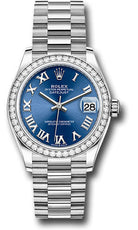 Rolex White Gold Datejust 31 Watch - Diamond Bezel - Bright Blue Roman Dial - President Bracelet - 278289rbr blrp