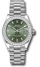 Rolex White Gold Datejust 31 Watch - Diamond Bezel - Mint Green Index Dial - President Bracelet - 278289rbr mgip