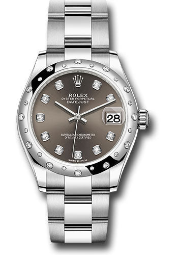 Rolex Steel and White Gold Datejust 31 Watch - Domed 24 Diamond Bezel - Dark Grey Diamond Dial - Oyster Bracelet - 278344RBR dkgdo