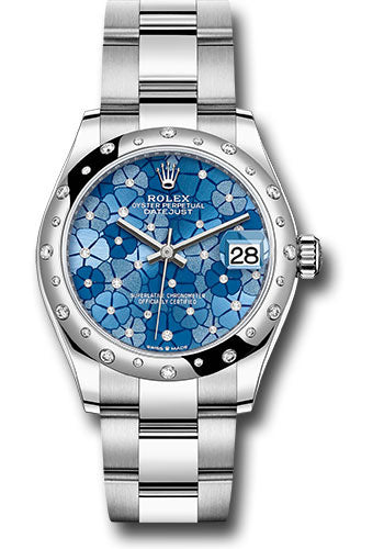 Rolex White Rolesor Datejust 31 Watch - Domed, Diamond Bezel - Azzurro Blue Floral Motif Diamond Dial - Oyster Bracelet - 278344rbr azflomdo