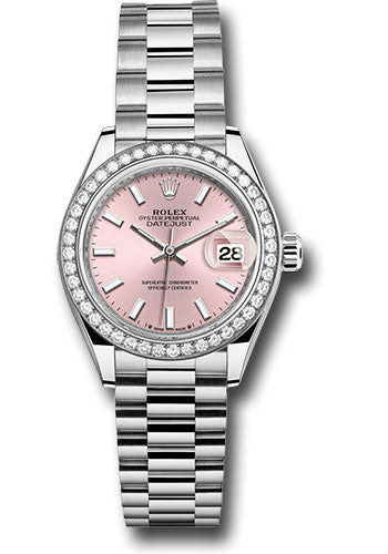 Rolex White Gold Lady-Datejust Watch - 44 Diamond Bezel - Pink Index Dial - President Bracelet - 279139rbr pip