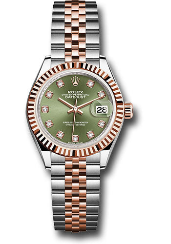 Rolex Steel and Everose Gold Rolesor Lady-Datejust 28 Watch - Fluted Bezel - Olive Green Diamond Dial - Jubilee Bracelet - 279171 ogdj