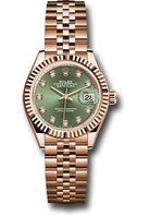 Rolex Everose Gold Lady-Datejust 28 Watch - Fluted Bezel - Olive Green Diamond Dial - Jubilee Bracelet - 279175 ogdj