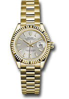 Rolex Yellow Gold Lady-Datejust 28 Watch - Fluted Bezel - Silver Index Dial - President Bracelet - 279178 sip