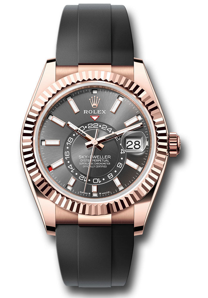 Rolex Everose Gold Sky-Dweller Watch - Fluted Ring Command Bezel - Slate Index Dial - Oysterflex Strap - 336235 sliof