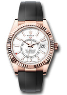 Rolex Everose Gold Sky-Dweller Watch - Fluted Ring Command Bezel - White Index Dial - Oysterflex Strap - 336235 wiof