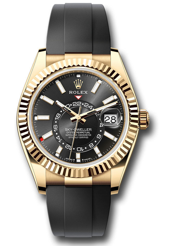 Rolex Yellow Gold Sky-Dweller Watch - Fluted Ring Command Bezel - Black Index Dial - Oysterflex Strap - 336238 bkiof