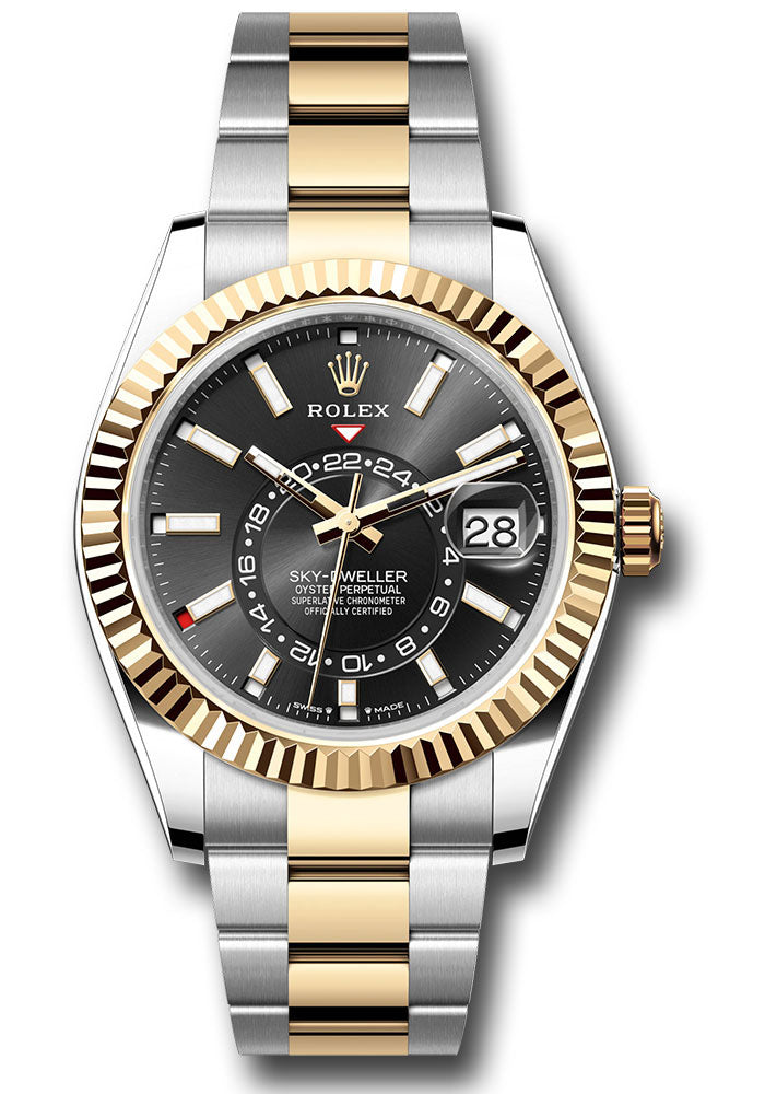 Rolex Yellow Rolesor Sky-Dweller Watch - Fluted Ring Command Bezel - Black Index Dial - Oyster Bracelet - 336933 bkio