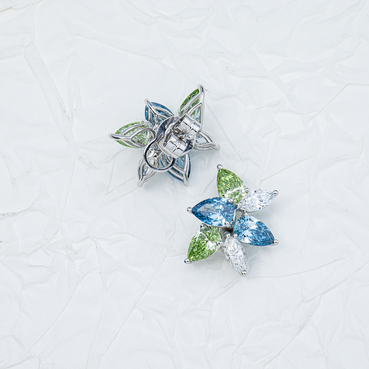 Lab Grown Fancy Blue & Green Diamond Ocean Garden Stud Earrings 5.11ctw in 10K white gold, additional view