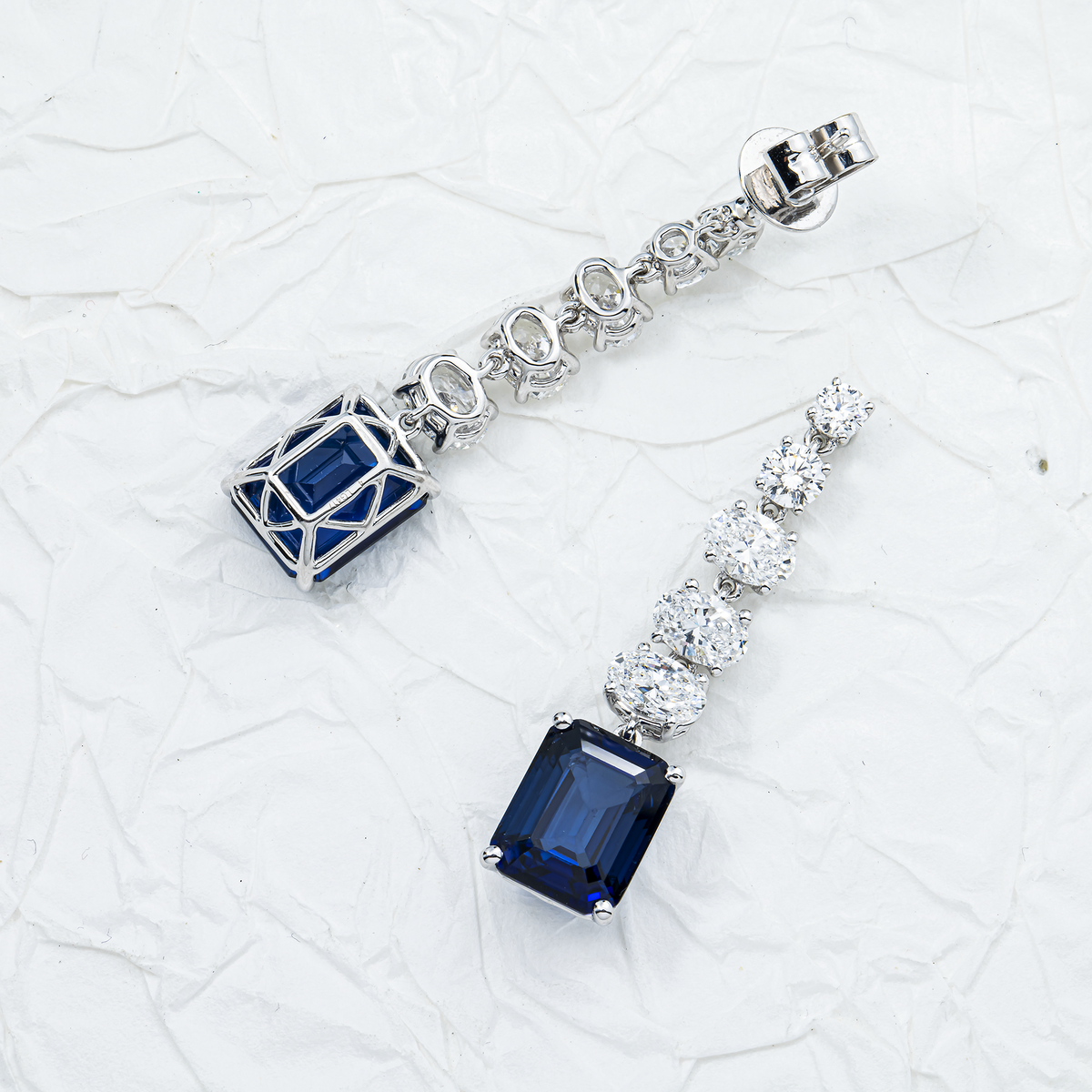 Emerald Cut Sapphire & Lab Grown Multi Cut Diamond Drop Earrings 11.27ctw in 10K white gold, alternate view