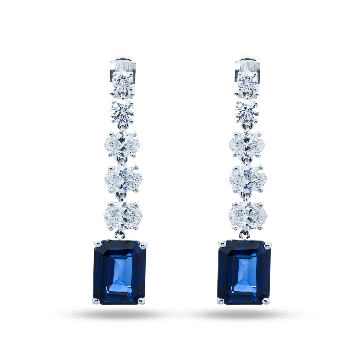 Emerald Cut Sapphire & Lab Grown Multi Cut Diamond Drop Earrings 11.27ctw in 10K white gold