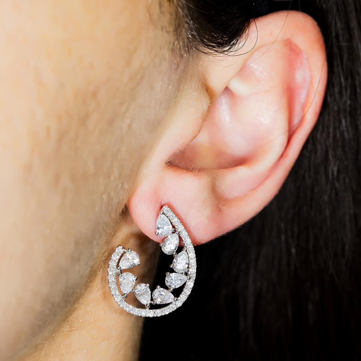 Lab Grown Pear & Round Diamond Drop Earrings 3.69ct in 10K white gold, alternate view