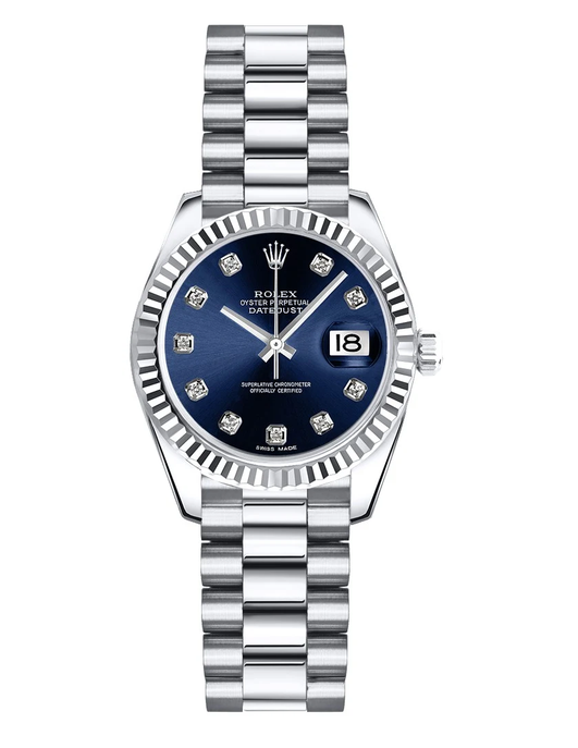Rolex White Gold Lady-Datejust 26, Fluted Bezel, Blue Diamond Dial, President Bracelet, Ref. 179179