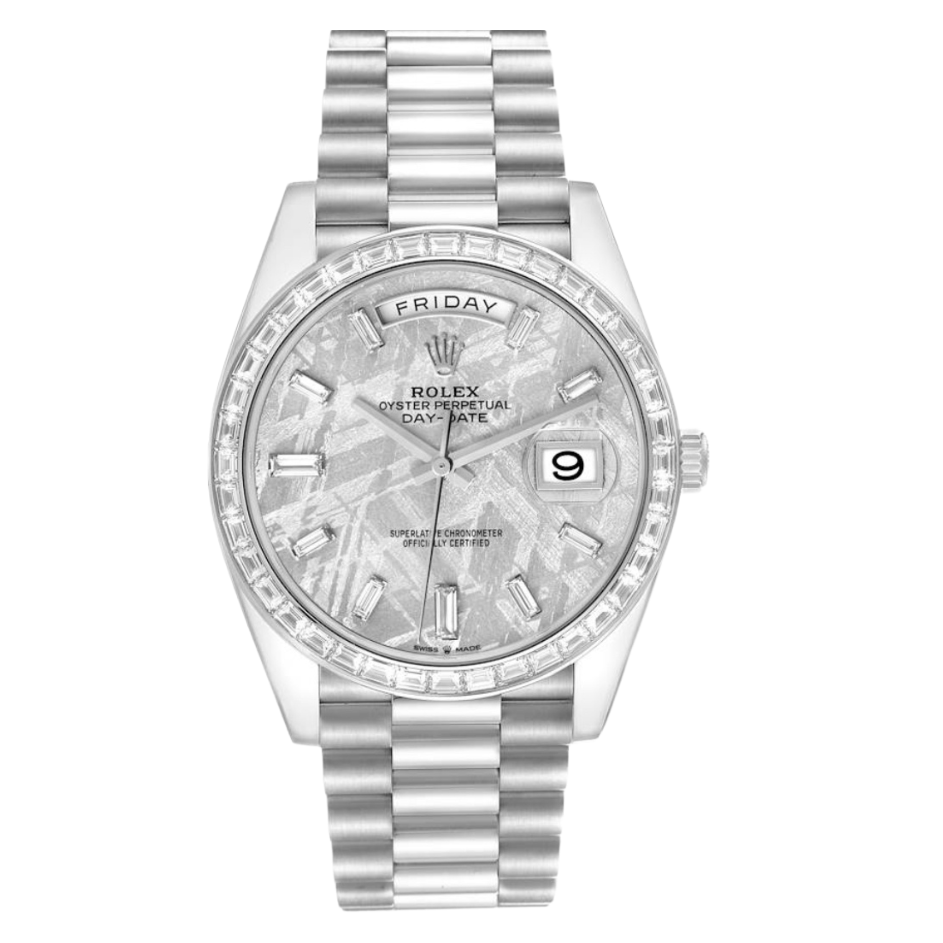 Rolex 40mm Platinum Day Date Baguette Diamond Bezel