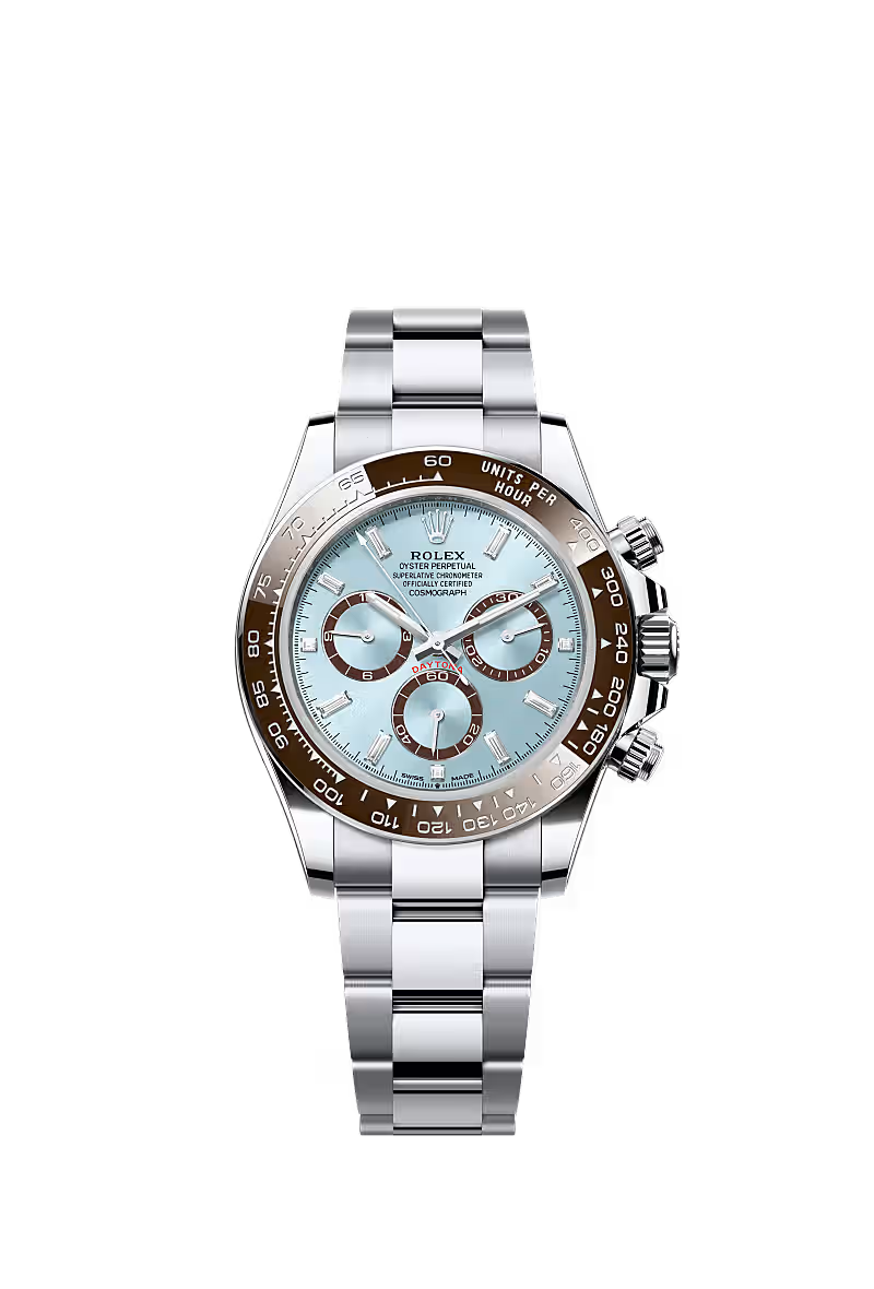 Rolex Platinum Daytona 40, Chestnut Brown Ceramic Bezel, Ice-Blue Baguette Diamond Dial, Oyster Bracelet, Ref. 126506
