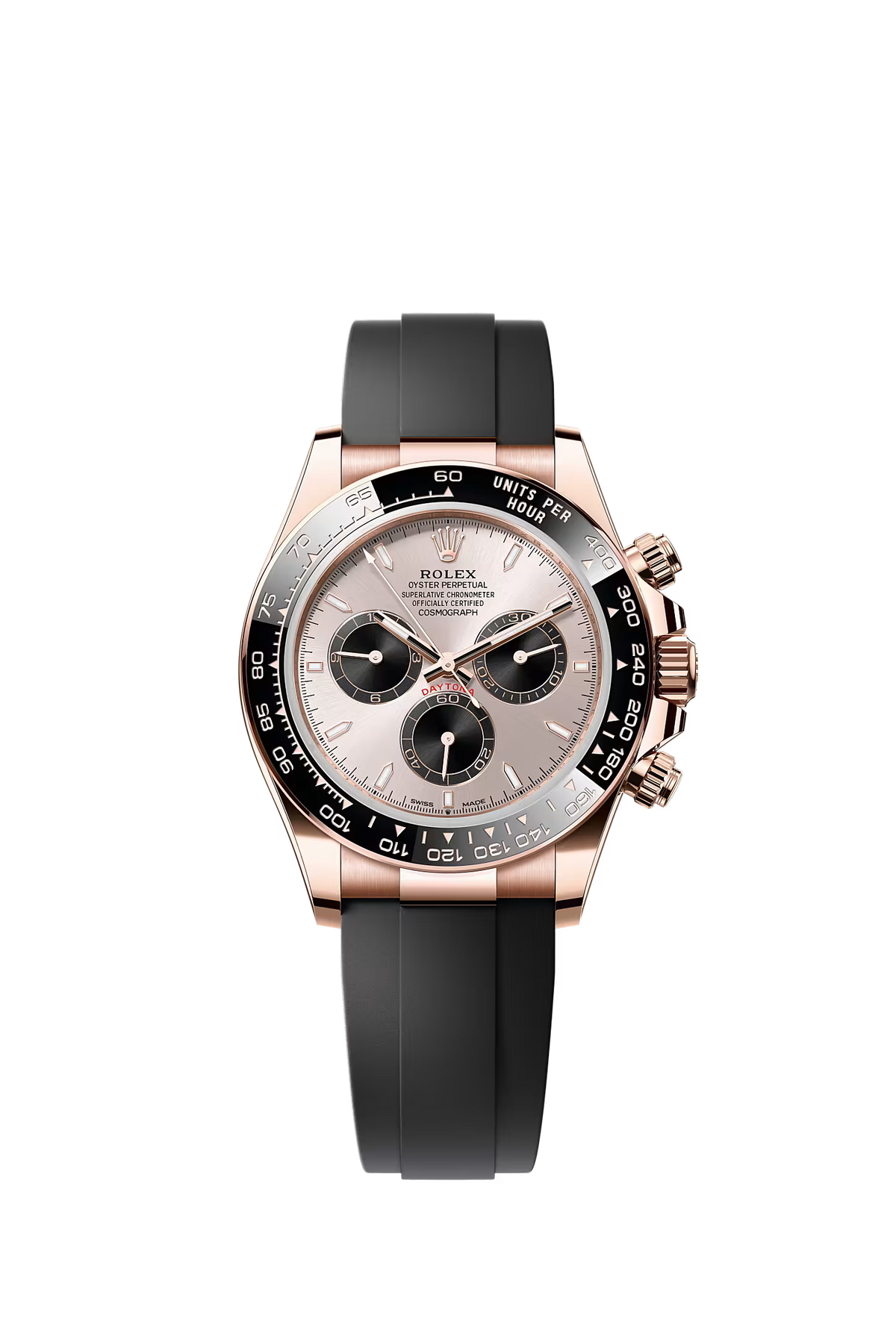 Rolex Everose Gold Daytona 40, Black Ceramic Bezel, Sundust Index Dial, Black Oysterflex, Ref. 126515LN