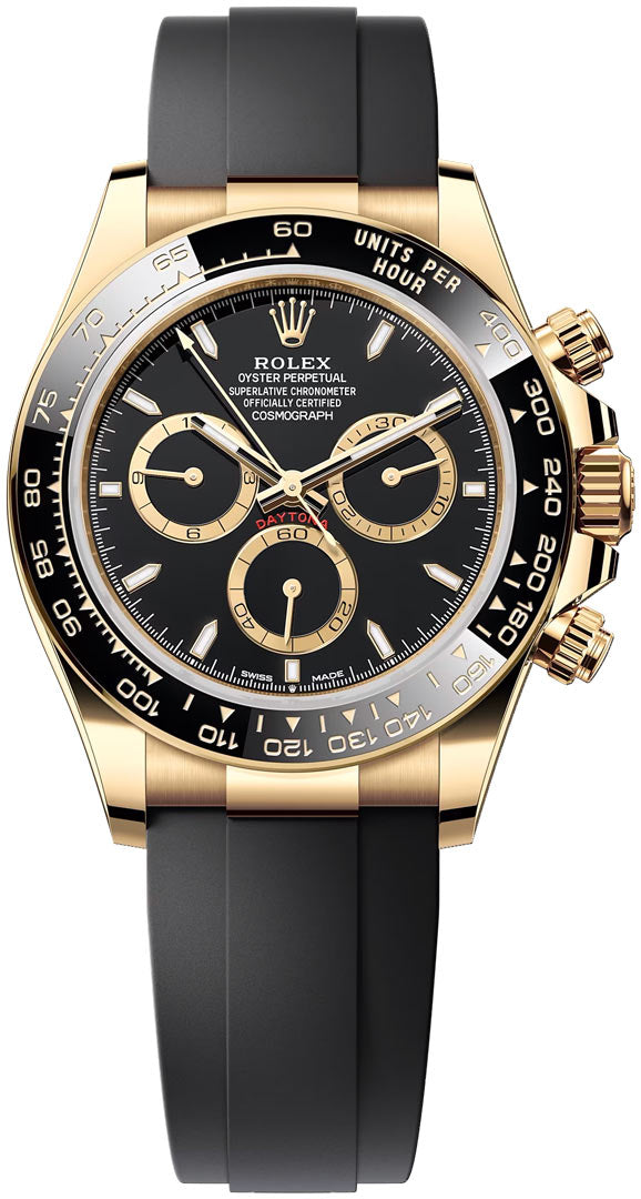 Rolex Yellow Gold Daytona 40, Black Ceramic Bezel, Black Index Dial, Black Oysterflex, Ref. 126518LN