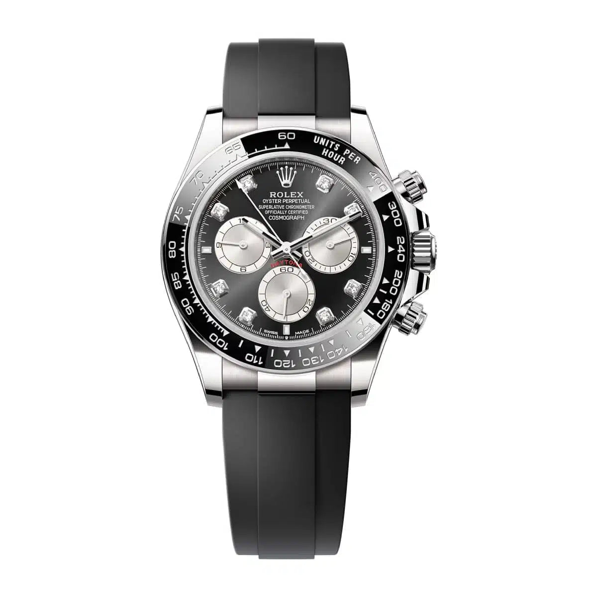 Rolex White Gold Daytona 40, Black Ceramic Bezel, Black Diamond Dial, Black Oysterflex, Ref. 126519LN