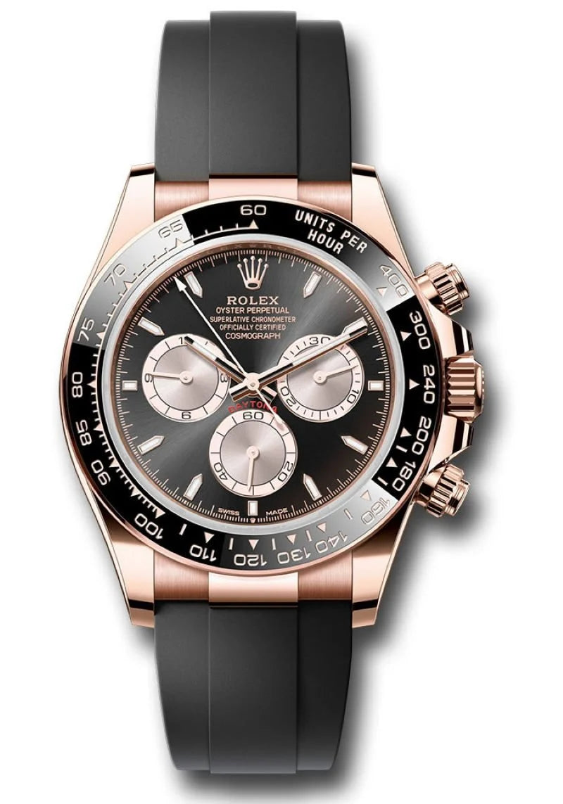Rolex Everose Gold Daytona 40, Black Ceramic Bezel, Black Index Dial, Black Oysterflex, Ref. 126515LN
