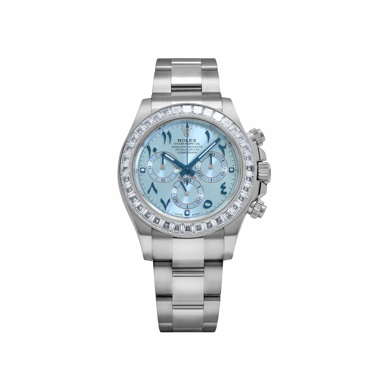 Rolex Platinum Daytona 40, Baguette Diamond Bezel and Lugs, Ice-Blue Arabic Dial, Oyster Bracelet, Ref. 116576TBR