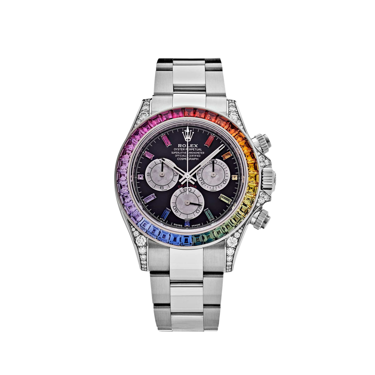 Rolex White Gold Daytona 40 "Rainbow", Rainbow Sapphire Bezel and Diamond Lugs, Black Dial, Oyster Bracelet, Ref. 126599RBOW