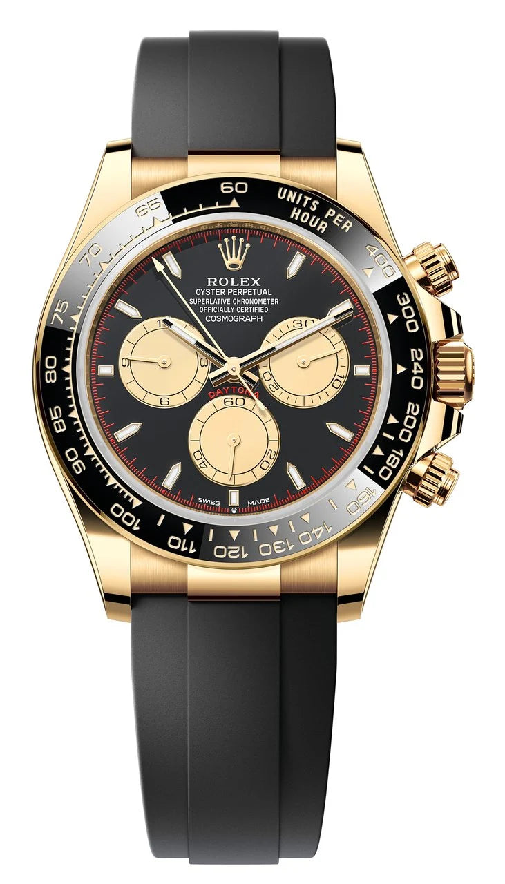 Rolex Yellow Gold Daytona 40 "Paul Newman", Black Ceramic Bezel, Golden and Black Paul Newman Dial, Black Oysterflex, Ref. 126518LN