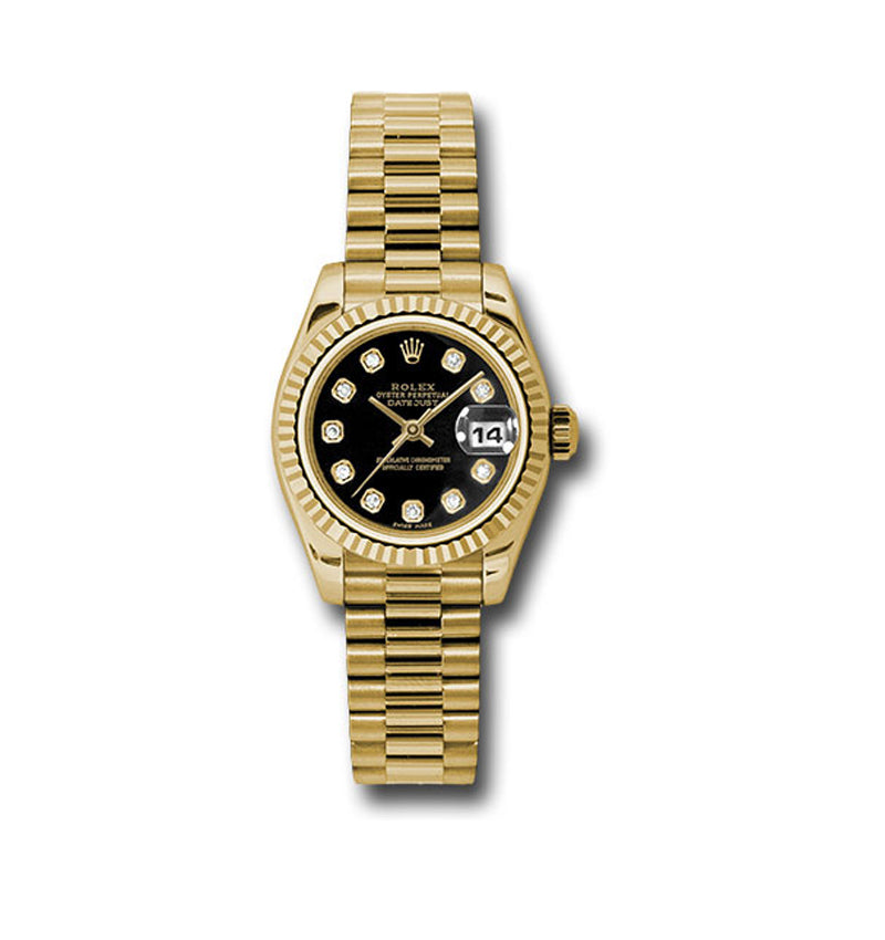 Rolex Yellow Gold Lady-Datejust 26, Fluted Bezel, Champagne Jubilee Diamond Dial, President Bracelet, Ref. 179178